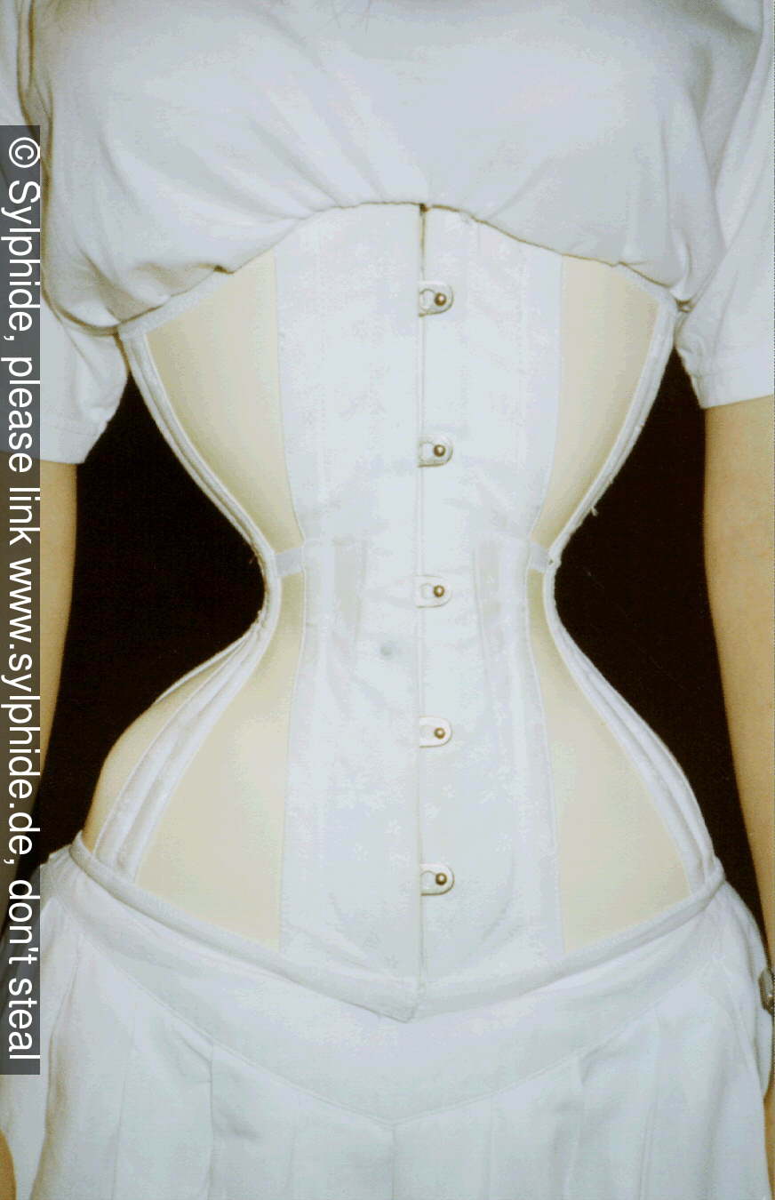 Cream elastic corset 17 inch tightlaced to wasp waist details Sylphide figure training tight lacing corset laced wasp waist tightlaced