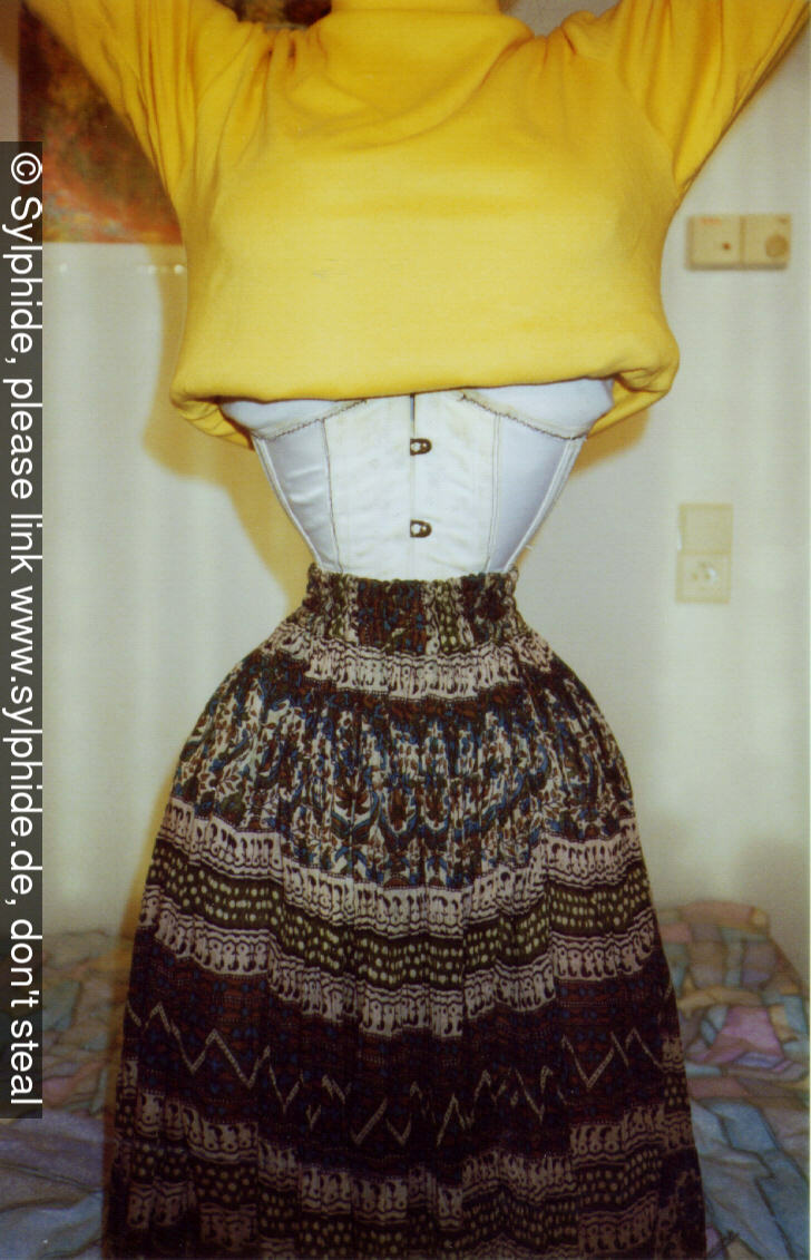 Elastic repaired corset 17 inch tightlaced to wasp waist with view of whole figure Sylphide figure training tight lacing corset laced wasp waist tightlaced