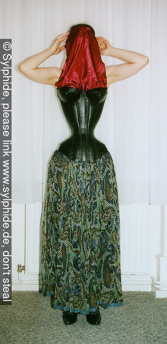 Leather corset 18 inch tightlaced to wasp waist (front) Sylphide figure training tight lacing corset laced wasp waist tightlaced