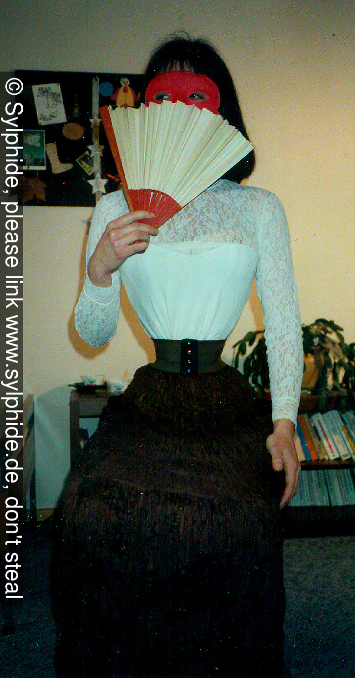 Satin corset 17 inch tightlaced to wasp waist with crinkle skirt (front) Sylphide figure training tight lacing corset laced wasp waist tightlaced