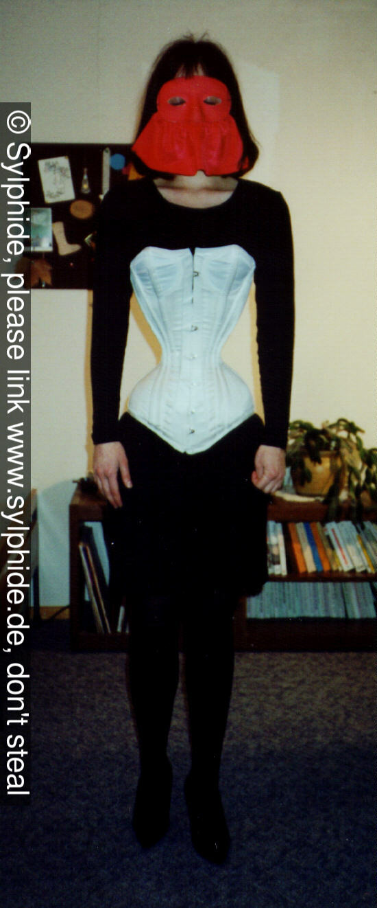 Satin corset 17 inch tightlaced to wasp waist (front) Sylphide figure training tight lacing corset laced wasp waist tightlaced