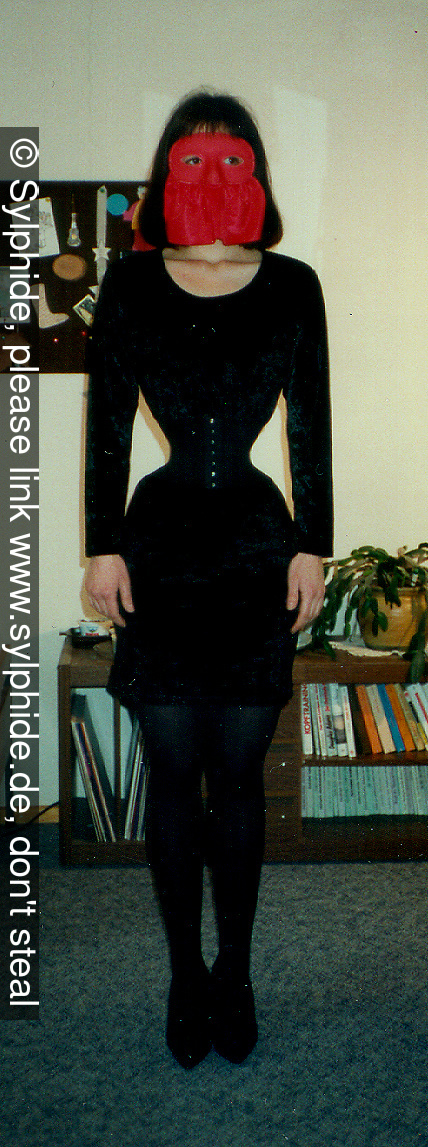 Satin corset 17 inch tightlaced to wasp waist with tight stretch dress and wide belt Sylphide figure training tight lacing corset laced wasp waist tightlaced