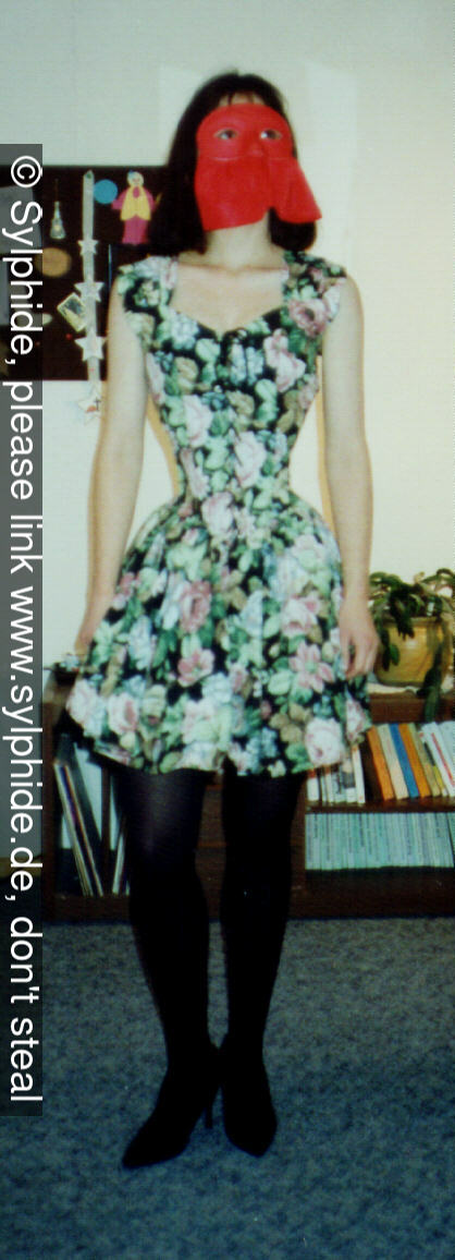Satin corset 17 inch tightlaced to wasp waist under dainty summer dress Sylphide figure training tight lacing corset laced wasp waist tightlaced