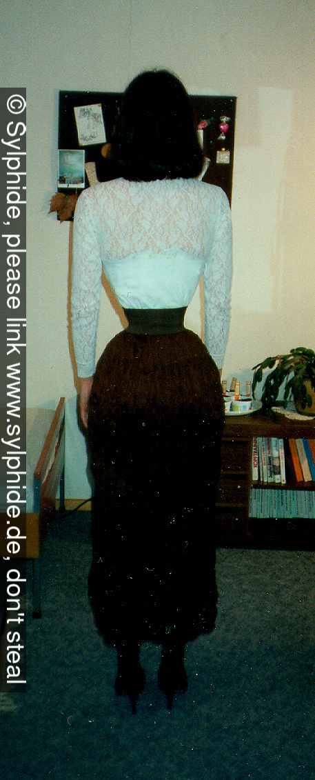 Satin corset 17 inch tightlaced to wasp waist with white body (back) Sylphide figure training tight lacing corset laced wasp waist tightlaced
