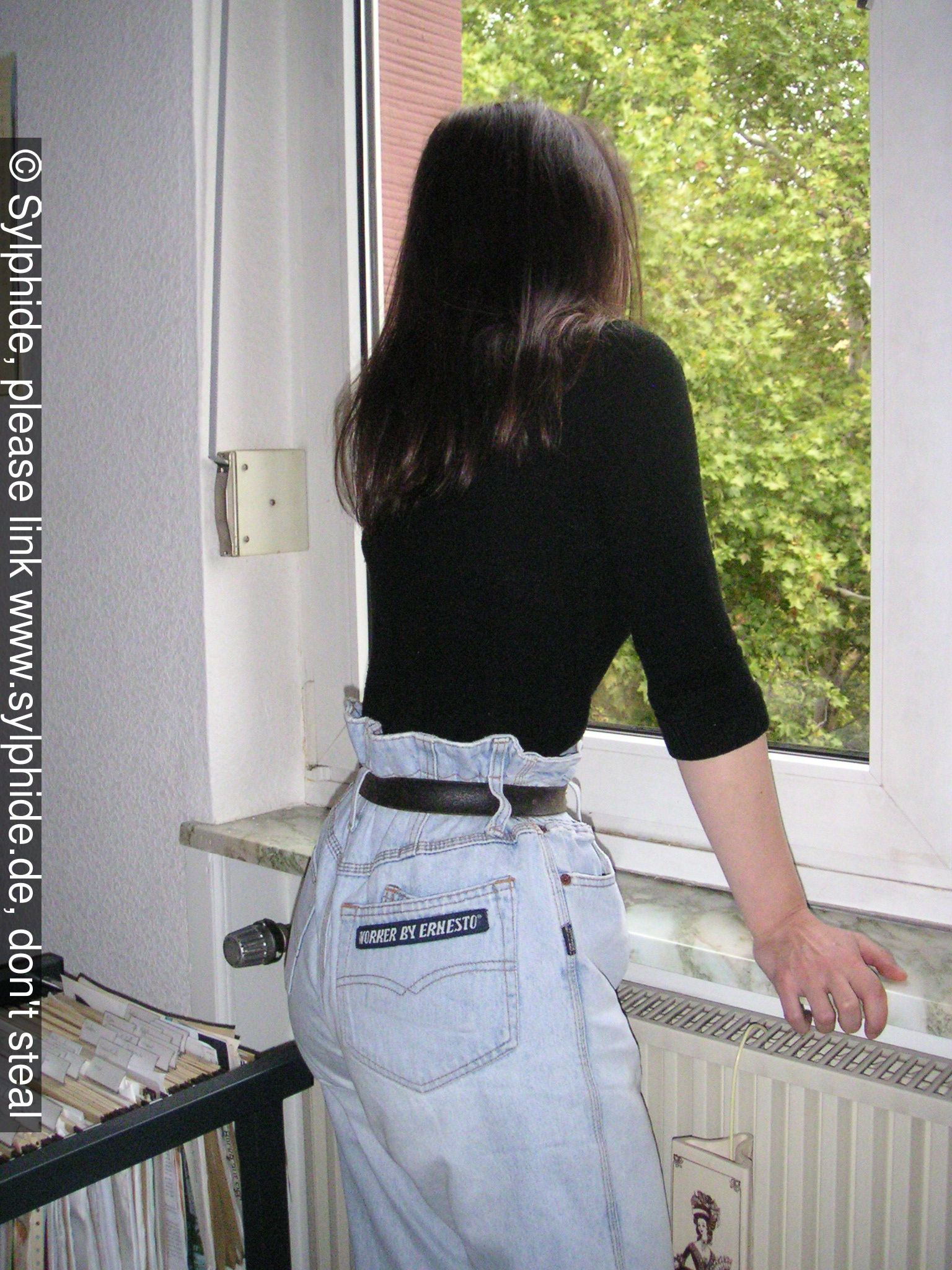 Tight 18 inch satin corset under a high waisted clochard jeans (standing) Sylphide figure training tight lacing corset laced wasp waist tightlaced